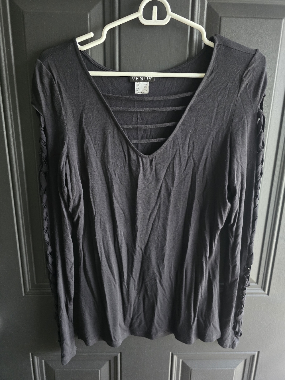VENUS Black V-Neck Long Sleeve Top with Strappy Detail